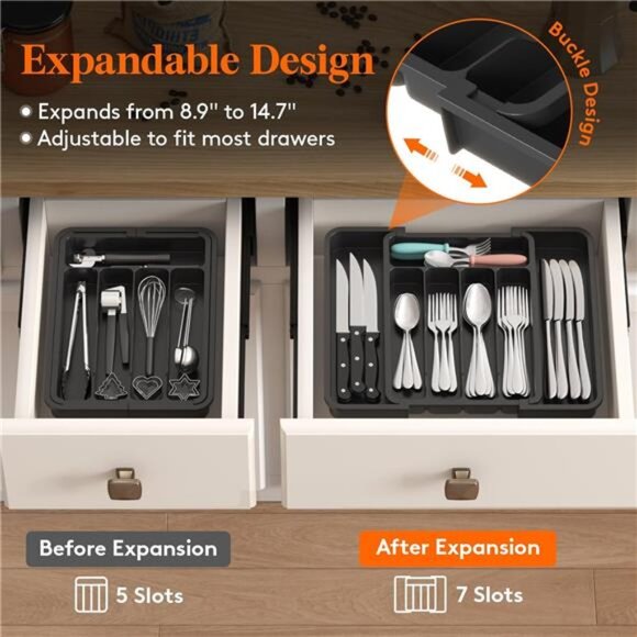 Expandable silverware drawer organizer adjustable utensil tray kitchen storage b - Picture 3 of 7